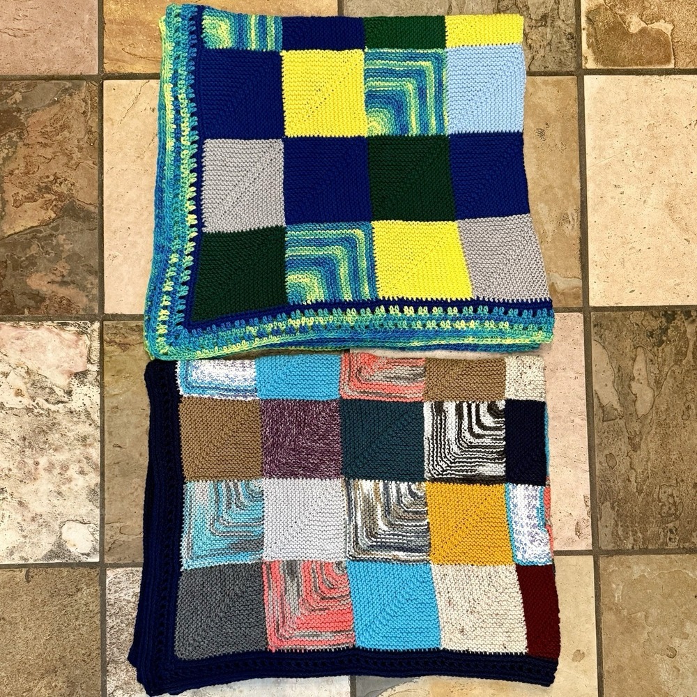 2pc Pair VTG Handmade‎ Multicolor Geometric Crochet Afghan Throw Blanket 54x48"